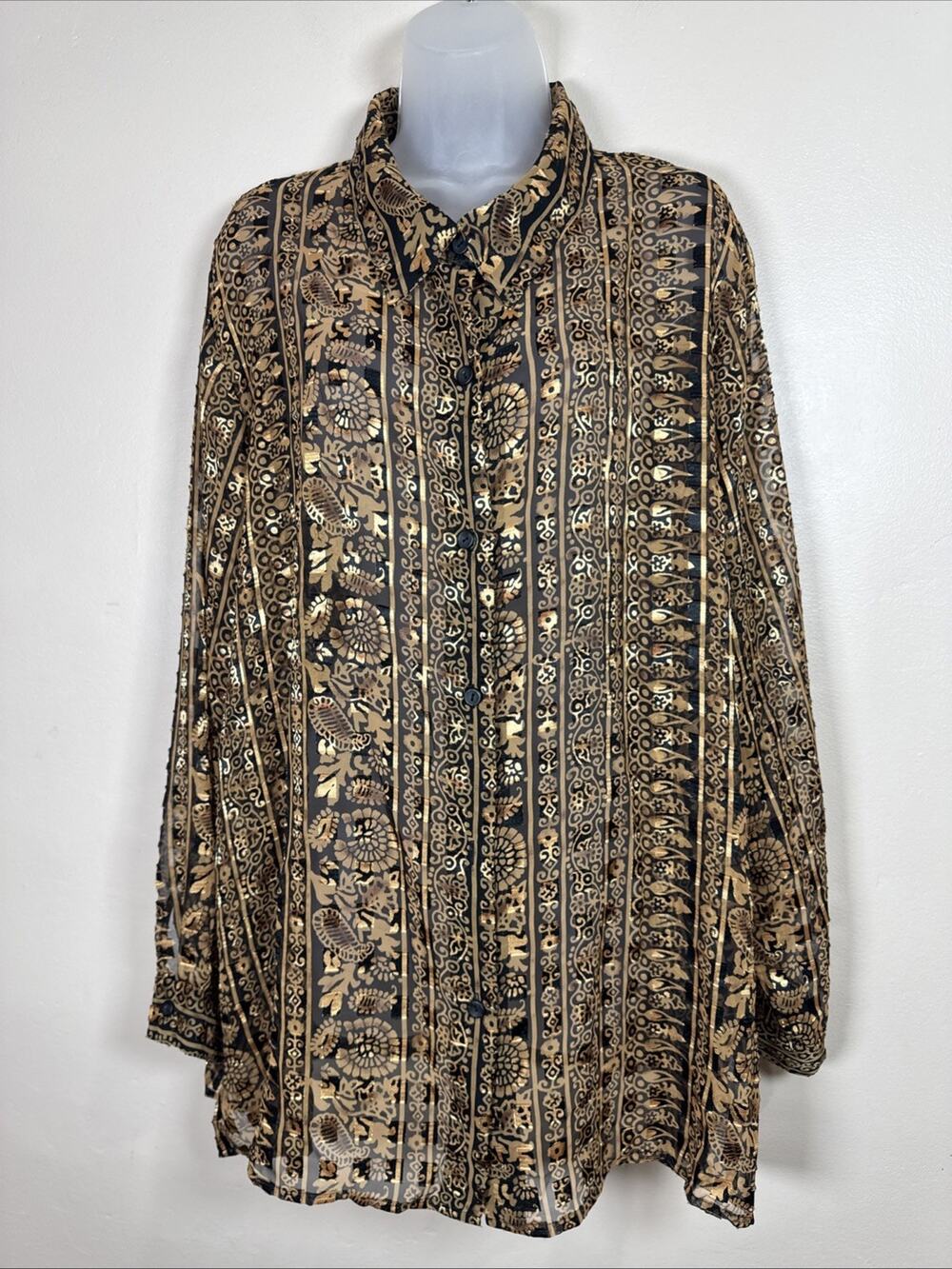 Notations Womens Plus Size Button Down Blouse Sheer Boho Tunic 2X Glam Art Funky